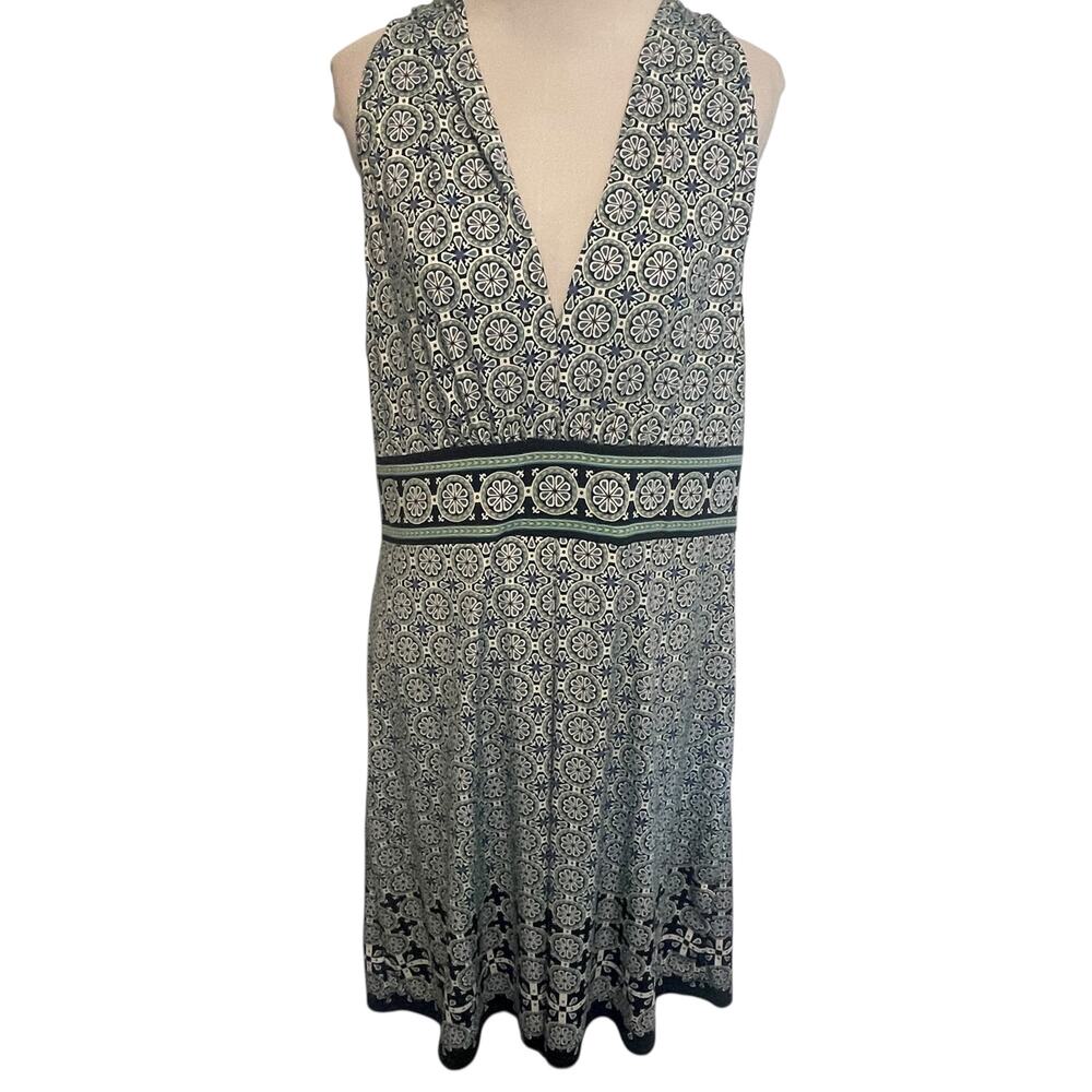 Max Studio Jersey Halter Dress Womens XL Blue Green Geo Print Sleeveless Midi - Picture 2 of 11
